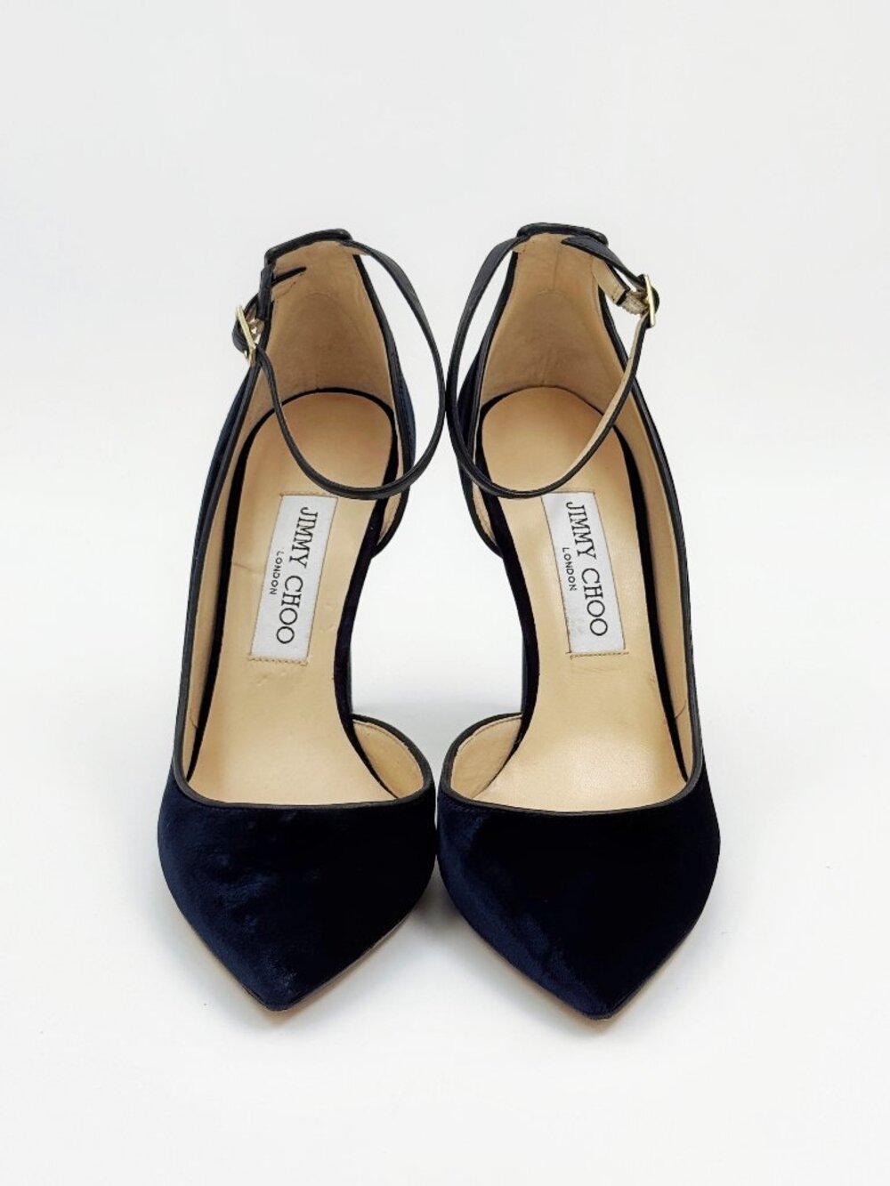 Jimmy Choo Dark Blue Velvet Pointed Toe Ankle Strap Pumps Heels